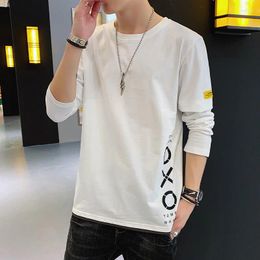 Men's T Shirts Cotton Long-Sleeved T-shirt Autumn Printed Sweater Trend Clothes Tops Round Neck Outerwear