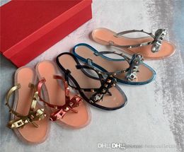 Brands Women Rivets Bow knot Flat Slippers sandals Girls Flip Flops ded Summer Shoes Cool Beach Slides Jelly Shoes 35-393769984