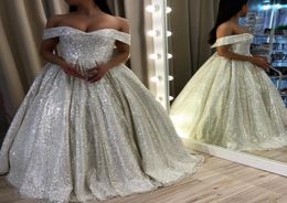 Silver Sequined Prom Evening Dresses Ball Gown Plus Size Sexy off Shoulder Bead Prom Dress Long Formal Gowns Vestidos de Formatura9885194