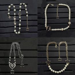 Titanium Steel Letter Pendant Necklace 18K Gold Plated Rhinestone Pearl Necklace for Women Lady Wedding Party Jewerlry Accessories