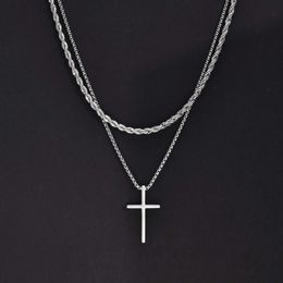 Pendant Necklaces Vnox Mens Cross Necklace Stainless Steel Laminated Plain Pattern Cross Pendant Rope Box Chain Necklace Simple Prayer Jesus Necklace Q240430