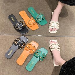 Slippers Women's Casual Plus-size Metal Buckle Flat For Spring/Summer 2024 Beach Shoes Women Zapatos De Mujer