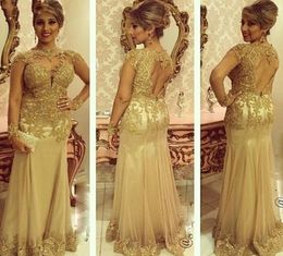 Elegant Gold Mother of the Bride Dresses Pearls Lace Appliques Long Sleeves Vestidos Sexy Open Back Formal Dress MD3413631664