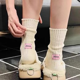 Women Socks Autumn Winter Y2K Mid Length Thick Knitted With Cloth Label Stacking Fashion Heel Letter Women's Indoor Floor Stocking