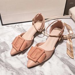 Casual Shoes Pointed Toe Low Heel Women Sandals Bowknot Buuckle Summer 34-43 Big Size Cover Sandalias Mujer Ankle Strap Sandales