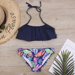 Women's Swimwear Ruffle Leaf Print Girl Swimsuit Kids Two Piece For Cross Back Bikini Set Girls Bathing Suit 4-14 Years