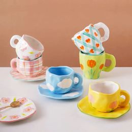 1pc Hand Painted Coffee Cup Ceramic Handmade Tea Birthday Gift for Her Retro Kitchenware Summer Drink Desktop Decoration 240426