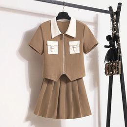 Work Dresses Summer Casual Two-piece Set For Women Cardigan Tops And Mini Pleat Skirt Female Large Size Black Khaki Cotton Sport Suit