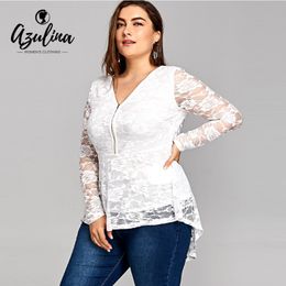 AZULINA Plus Size Women Clothing Lace Dip Hem Peplum Top Blouses Shirts 2018 White Ladies Tops Blusas Big Size Women Blouse 5XL 2853