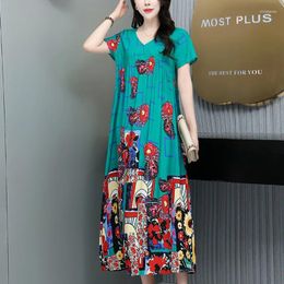 Party Dresses Mom Leisure Cotton Silk Dress 2024 Summer Print Long Women's Fashion Loose Foreign Style National