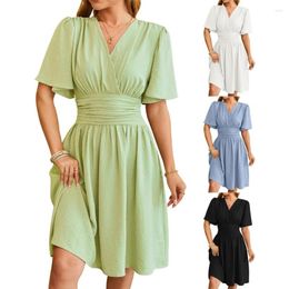 Casual Dresses 2024 Women's Clothing Solid Colour V Neck Waist Flared Sleeves Fashion Dress Fresh And Sweet Lace Knee Length Skirts.