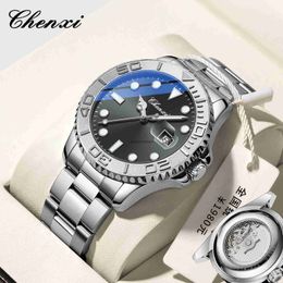 CHENXI Dawn Submarine Water Ghost Watch with Second Sweeping Transparent Bottom Solid Steel Band Mens Watch with Nightlight Waterproof Calendar Quartz Watch
