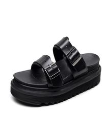 Summer platform motorcycle slippers slides sandals black real leather double buckle women designer slipper fashion muffin shoes si4782181