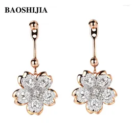 Dangle Earrings BAOSHIJIA Solid 18k Rose Gold Beautiful Flower Elegant Romantic Style Luxurious Anniversary Brilliant Stud