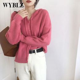 Women's Knits WYBLZ Hooded Women Cardigan Sweater 2024 Elegant Sweet Girls Wool Cardigans Knitted Soft Female Oversized Button Top Outfits