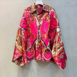 Women's Blouses Retro Floral Printed Crystal Sequined Flowers Pattern Rhinestones Beaded Shirts Bat Sleeve Diamonds Cardigan Tops Blusas