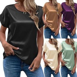Women's T Shirts Summer Women Short Sleeve Silk Satin Blouse Elegant Office Shirt Tops Ladies Casual Baggy Solid Tunic Tee Loose Blouses