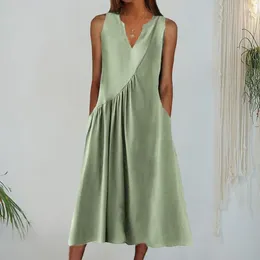 Casual Dresses Summer Women Dress V Neck Pleated A-line Loose Hem Sleeveless Patchwork Solid Color Side Pockets Mid-calf Length Daily Beach