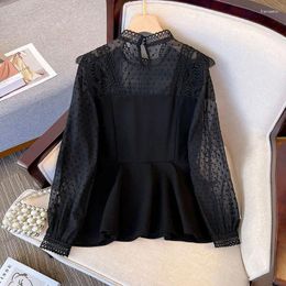 Women's Blouses O Neck Chiffon Solid T-shirts Long Sleeve Lace Design Simple Blouse 2024 Spring Korean Chic Shirt Casual Women Tops