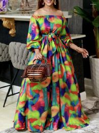 Casual Dresses Bonboho Women's Colorful Party Dress Boat Neck Off-the-shoulder Puff Sleeves High Waist Pleated Maxi Elegant Evening