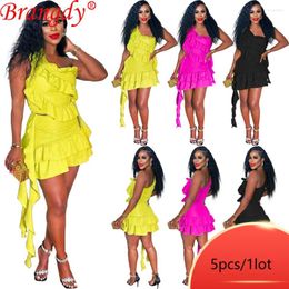 Work Dresses 5pcs Bulk Items Wholesale Fringed Ruffled Skirt Suit One Shoulder Diagonal Neck 2 Piece Sets For Women Summer Outfits Y2k