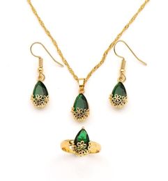 18K Solid Gold Filled Pendant Necklace Earrings Ring Water Drop green Crystal Jewellery Set cz big Rec Gem with 78965225115528