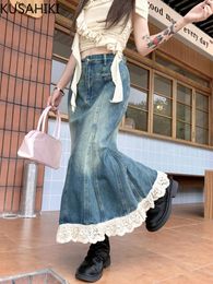 Skirts KUSAHIKI Lace Patchwork Denim Skirt For Women's Summer Retro High Waisted Slimming Medium Length Wrapped Hip Fishtail