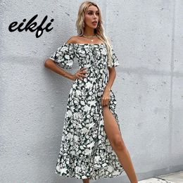 Party Dresses EIKFI Off Shoulder Print Lace Up Women Dress 2024 Spring Summer Office Lady Short Sleeve Side Split A-line Long Clothing