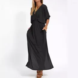 Casual Dresses 2024 Summer Women Fashion Solid High Waist Split Short Sleeve Dress