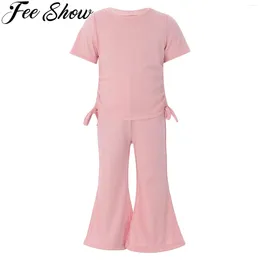Clothing Sets Toddler Baby Girl Summer Clothes Set Knit Ribbed Short Sleeve T-Shirt Tops With Flowy Wide Leg Pants 2 Pieces Outfits