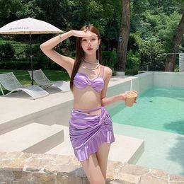 Women's Swimwear Solid Color Flash Pleated Straps Swimsuit Split Beach Fashion