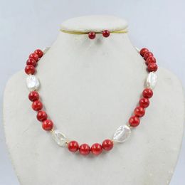 Necklace Earrings Set 12mm Natural Red Coral Baroque Pearl Earring 18"