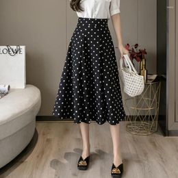 Skirts Ladies Elegant Fashion Medium Long Black Skirt Women Clothes Girls Cute Wave Point Chic Casual Clothing Py5106