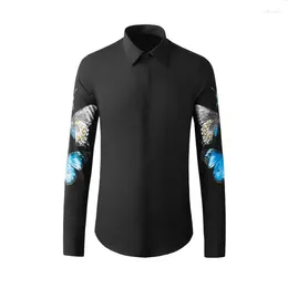 Men's Casual Shirts Fashion High Quality Cotton Arm Flower Butterfly Style Printed Men Long Sleeve Single Breasted Plus Size M-4XL