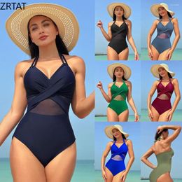 Women's Swimwear 2024 One Piece Solid Colour Mesh Bikini Conservative Bathing Suit Girls Women