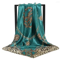 Scarves Square Satin Silk Scarf Leopard Chain Printed Hijab Turban For Women Muslim Casual Bandana Ladies Fashion Headband 90 90cm