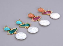 GuaiGuai Jewellery Pink Aventurine Blue Turquoise White Coin Freshwater Pearl Red Green Crystal Dangle Stud Earrings For Women Real 7461092