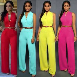 Women's Jumpsuits & Rompers 2021 V-Neck Belted Wide Leg Women Sexy Sleeveless High Waist Solid Jumpsuit Sashes Casual Long 3050