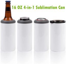 New 16 OZ Sublimation Can Cooler Tumblers Blanks 4in1 Can Insulator Adapter with LeackProof Lid Plastic Straw Stainless Steel G1182463