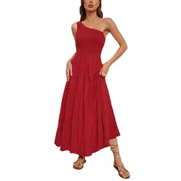 Party Dresses Women's Summer Solid Colour Slim Slant Neck Large Swing Temperament Luxury Dress 2024 High Quality And Glamorous