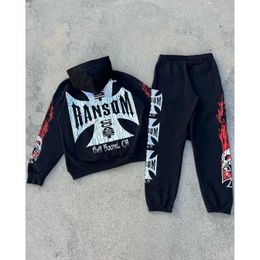 Spring and Autumn Gothic Print Mens and Womens Hip Hop Hoodie Set Streetwear Tracksuit Men Y2k Clothes Funny Coats 240429
