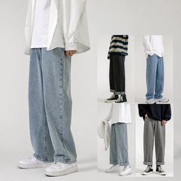 Korean Fashion Mens Casual Ankle-Length Jeans Classic Man Straight Denim Wide-leg Pants Light Blue Grey Black S-3XL 240426