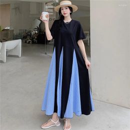 Party Dresses Japanese Korea Short Sleeve Patchwork Striped Chic GIrl's Loose Summer Black Shirts Dress Fashion Women Casual Long Work