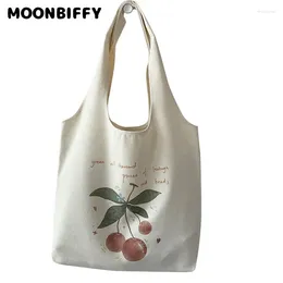 Shopping Bags Shopper Cherry Print Tote Open Bag For Lady Canvas Shoulder Women Students Cotton Cloth Eco