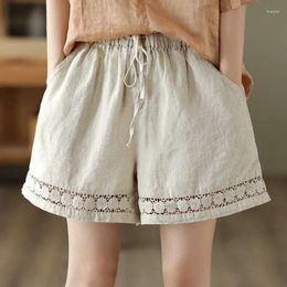 Women's Shorts Retro Wide Leg Women Summer Thin Elastic Waistband Hollowed Out Lace Trouser Casual Cotton Linen Straight Short Pants