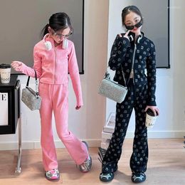 Clothing Sets Spring Teen Girls Clothes Diamond Short Zipper Jacket Flared Pants 2pcs 10 12 Kids Suit Childer Outfits Vetement Fille