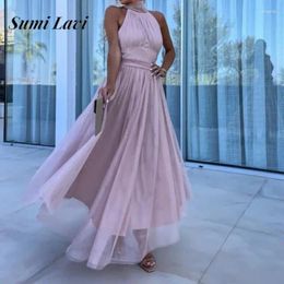 Casual Dresses Ladies Halter Lace Mesh Party Elegant Solid Color Sleeveless High Waist Long Dress Summer Backless Lace-up A-Line