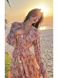 Casual Dresses Pink Floral Dress Spring Women's Clothing French Style Seaside Vacation Ruffled V-neck Fairy Long