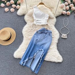 Work Dresses Summer Women Two 2 Piece Set Sexy One Shoulder Crop Top High Waist Button-up Denim Skirts Korean Office Lady Sleeveless Suits