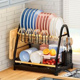 Kitchen Storage 2 Tier Dish Drying Rack Racks For Counter Drainer With Removable Utensil Holder Swivel Spout